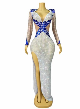 奢华钻石蓝色镜片晚礼服交叉镜欧美公司年会主持人晚礼服生日礼服