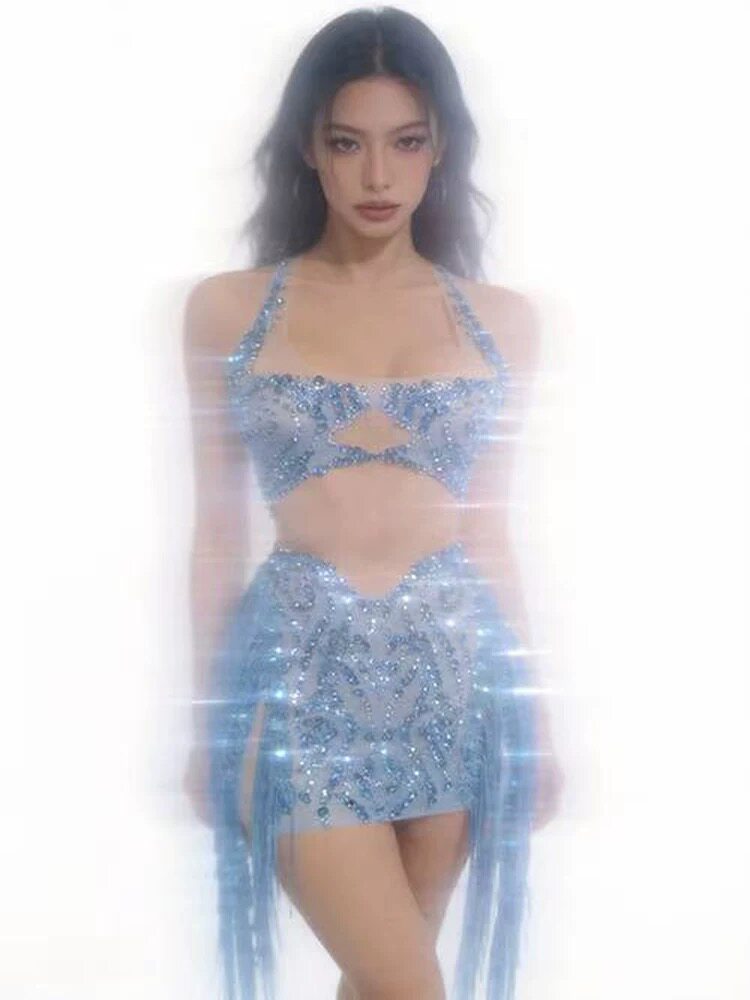 女歌手蓝色钻石礼服不规则包臀修身短裙歌手模特走秀拉丁舞礼服