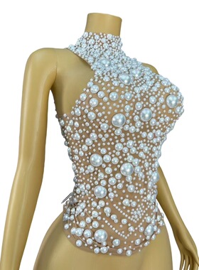 白色大珍珠上衣水钻珍珠短裙欧美礼服酒会派对夜场gogo演出服