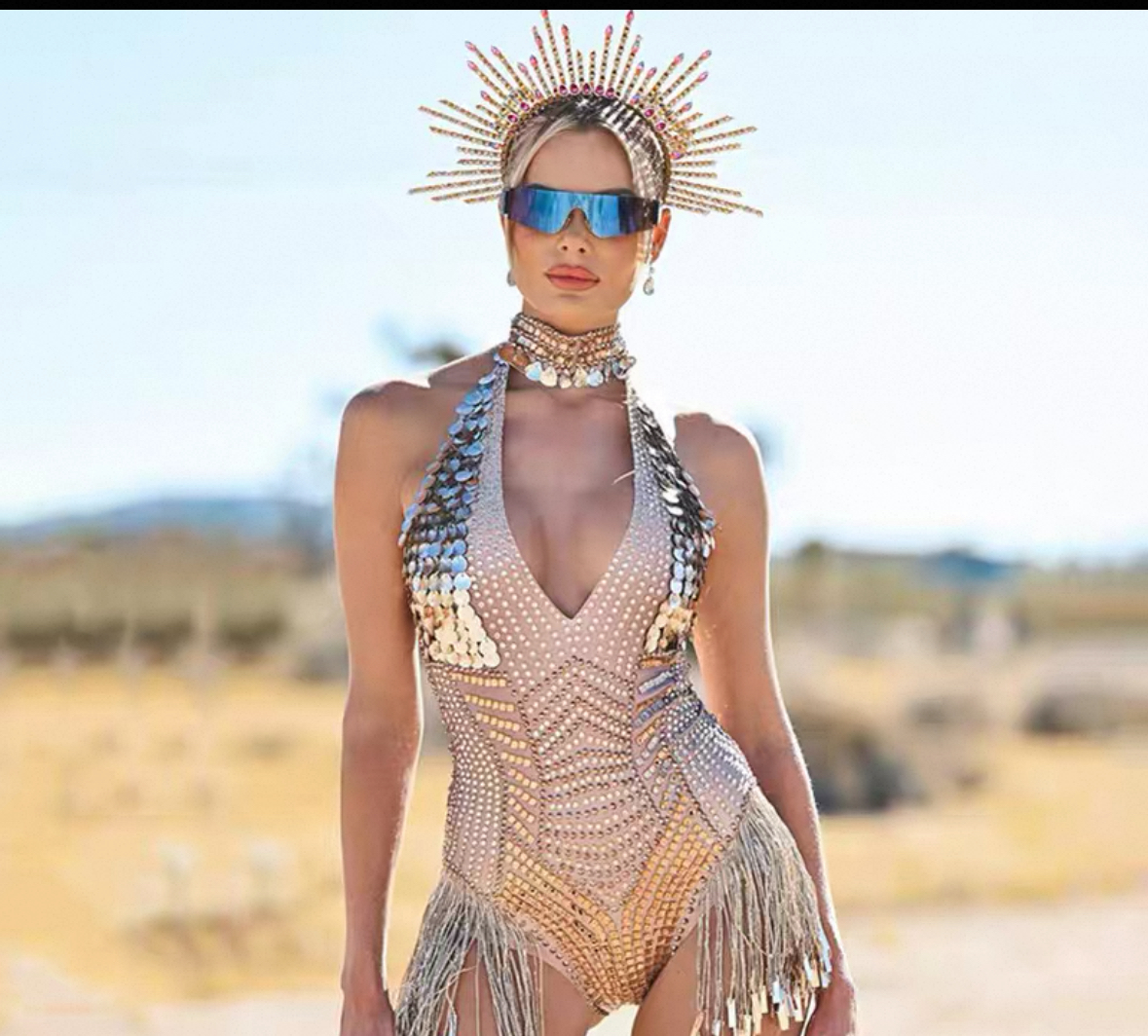 iEDM爱电音火人节Burningman金色亮片流苏水钻连体裤电音节舞台服