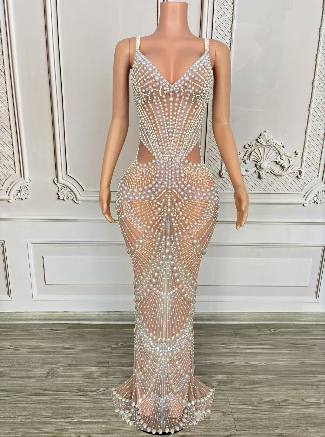 高质感优雅珠链珍珠钻镂空小拖尾长裙订婚宴鸡尾酒party晚会礼服