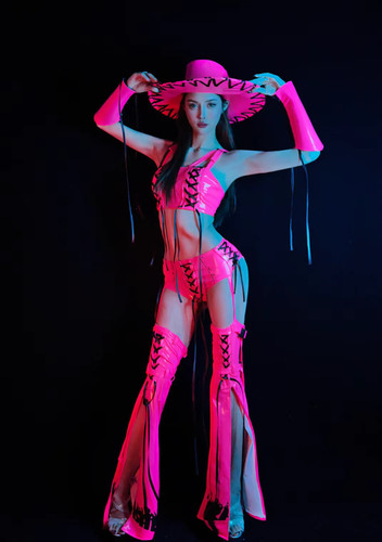 演出服酒吧ds演出服性感荧光粉漆皮分体套装女歌手gogo领舞服舞
