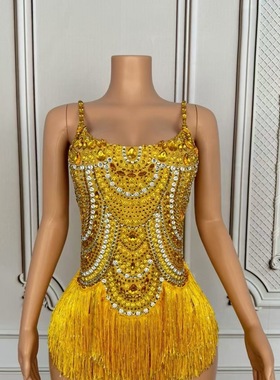 闪耀宝蓝色水钻流苏个性挂脖舞台服杂技拉丁舞夜店酒吧派对演出服