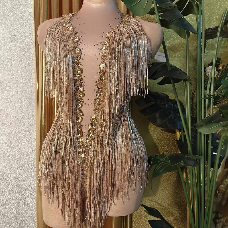 CANCE 2024新款香槟色性感闪耀钻石流苏圆领短优雅奢华连体裤