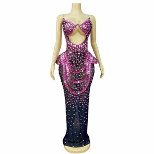 性感舞台装高端玫红色钻石连衣裙歌手主持模特走秀领奖礼服