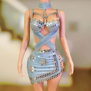 女歌手演出服性感镜片镂空短裙欧美性感挂脖蓝色反光镜走秀礼服