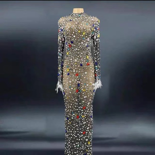 女歌手女士鸡尾酒礼服性感透视水钻羽晚礼服长袖奢华生日庆祝装