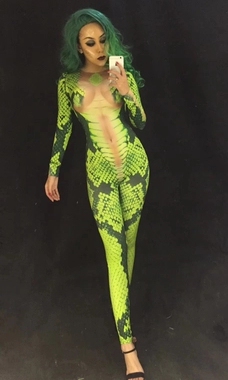 蟒蛇纹绿色女歌手gogo走秀酒吧青蛇印花连体成人舞蹈台扮演出衣服