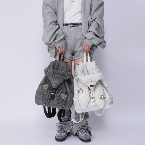 rebirth野生设定兔耳朵双肩包女2026秋冬可爱上课毛毛包斜挎书包