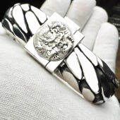 足银999三马鞭手链龙头扣男士 手链方扣时尚 简约大气手工定制礼物