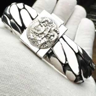 足银999三马鞭手链龙头扣男士 简约大气手工定制礼物 手链方扣时尚