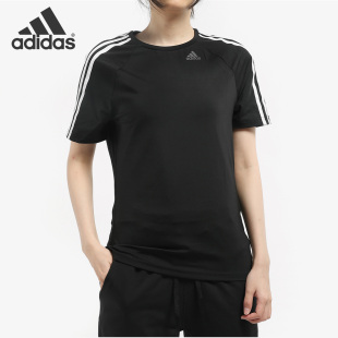 Adidas 圆领条纹运动T恤BK2682 阿迪达斯黑女子休闲训练透气修身