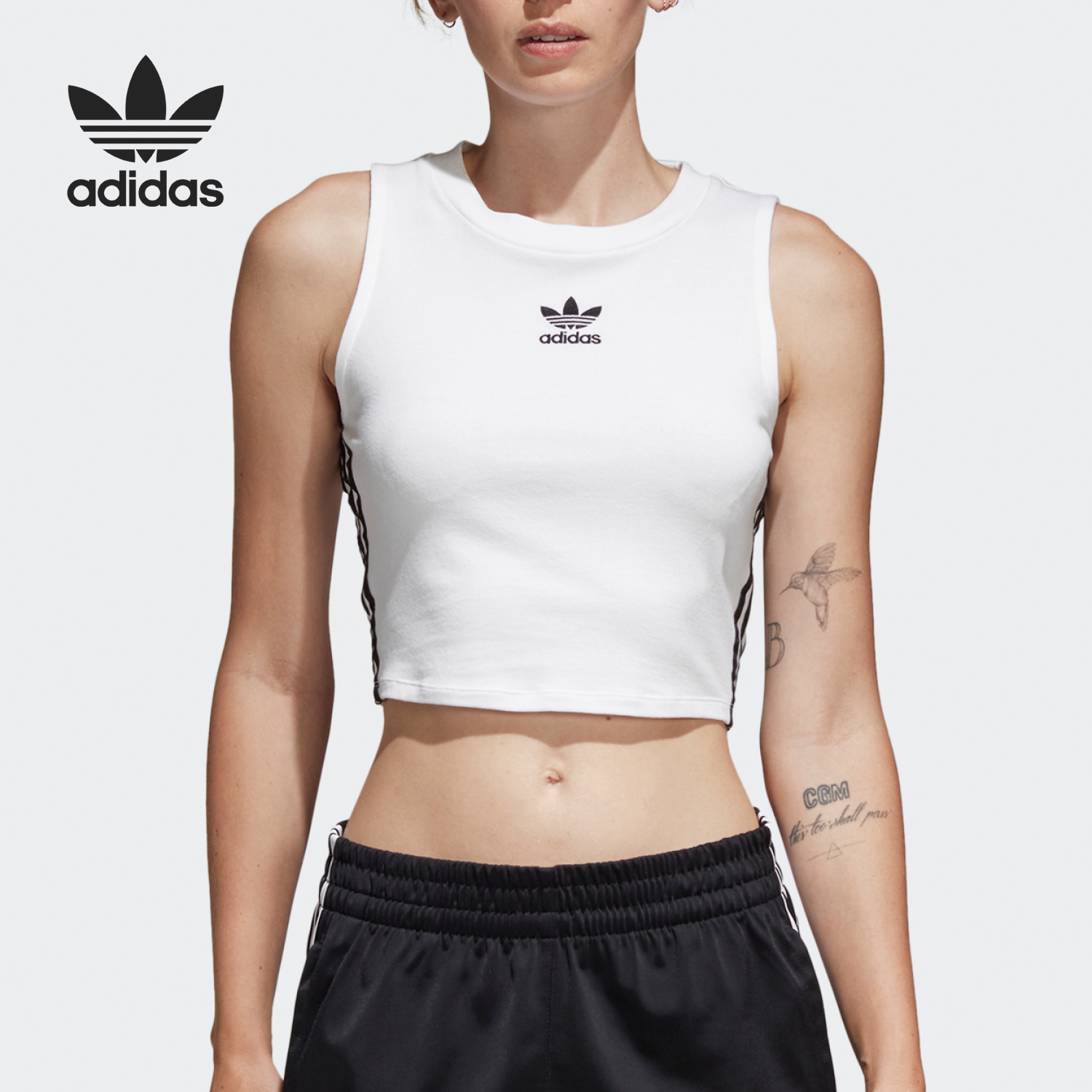 Adidas/阿迪达斯三叶草白女子经典简约瑜伽无袖短款运动T恤DH3163