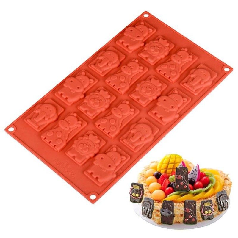 16连卡通动物长方形巧克力片硅胶蛋糕装饰烘培用具饼干夹心片模具