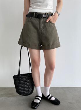 鹿西 韩系牛仔休闲短裤女26夏季新款薄款百搭A字卷边阔腿裤W33158