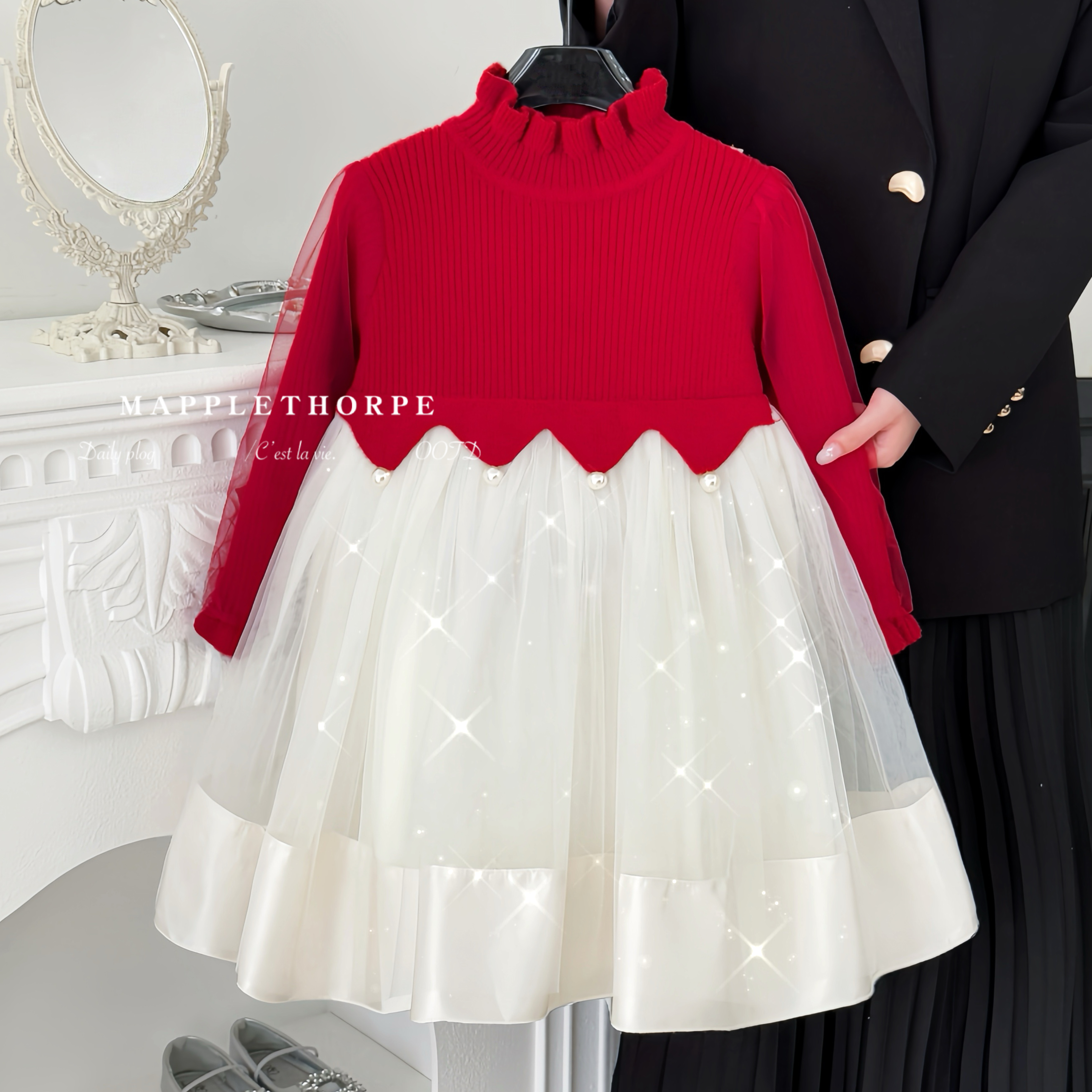 女童红色连衣裙秋冬2025新款女宝宝生日红裙子儿童毛衣网纱公主裙