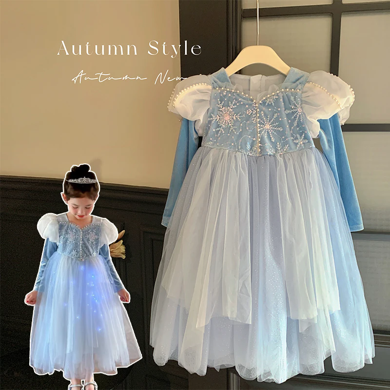 女童秋冬爱莎发光公主连衣裙加绒