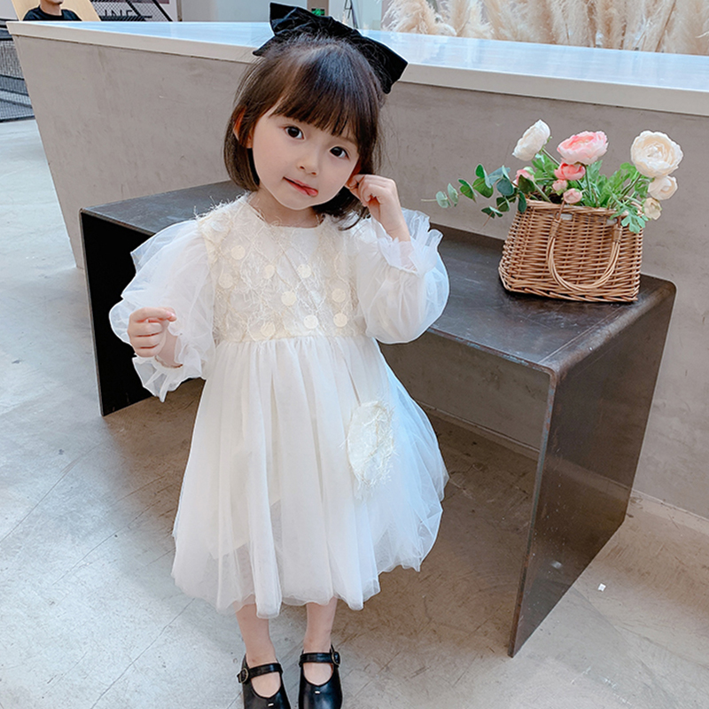女童蕾丝公主裙春秋季2023新款超仙洋气小女孩白色蓬蓬网纱连衣裙