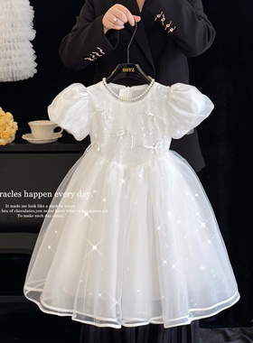 女童超仙白色连衣裙夏季儿童六一主持人演出公主裙高端花童婚纱裙
