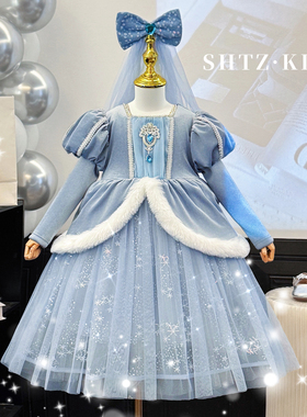女童爱莎公主裙冬季冰雪奇缘加绒艾莎蓬蓬裙高端生日elsa礼服长裙