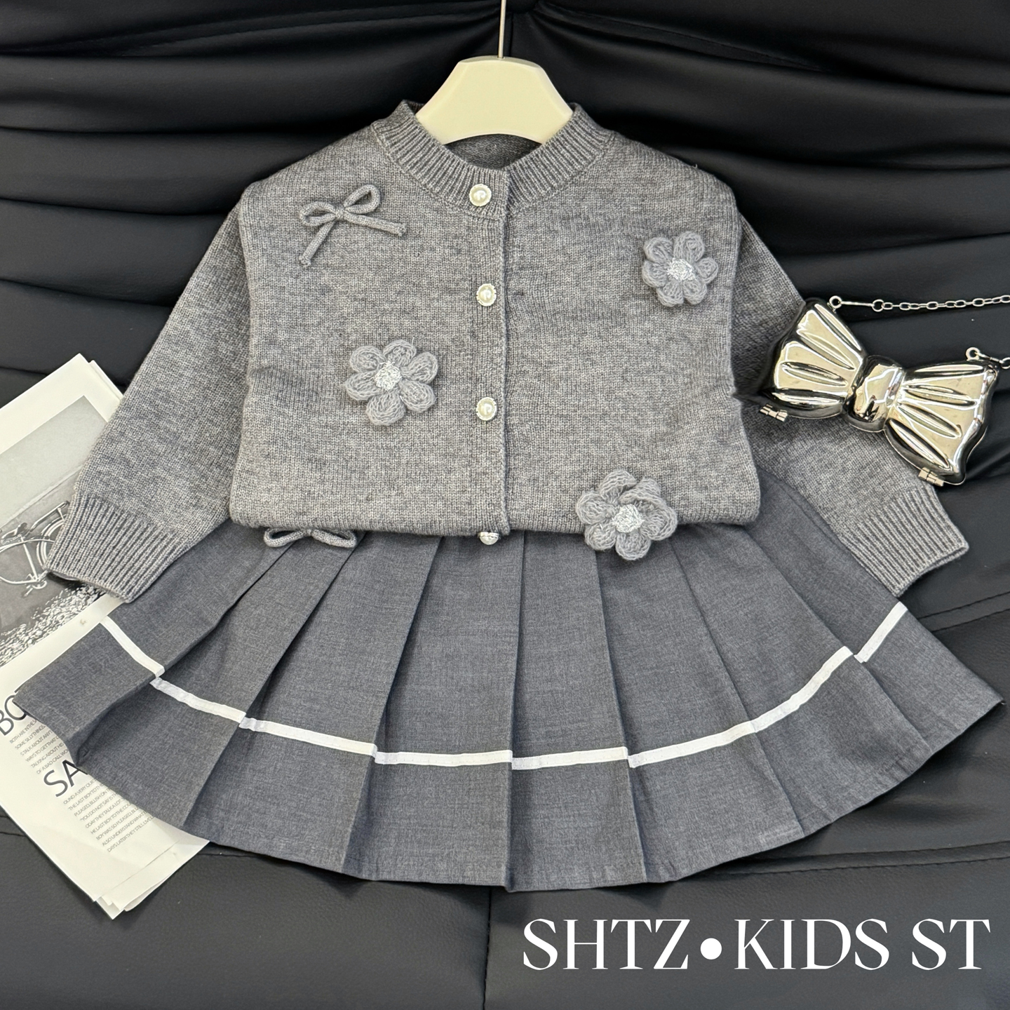 女童秋季高级感洋气灰色开衫套装