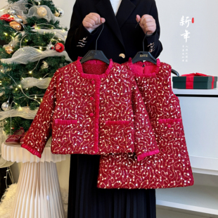 女童小香风连衣裙套装冬装儿童富家千金感红色裙子夹棉外套公主裙