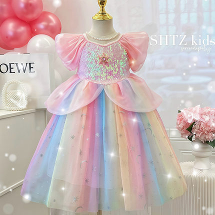 女童连衣裙夏季2025新款洋气儿童超仙彩虹裙小女孩高端礼服公主裙