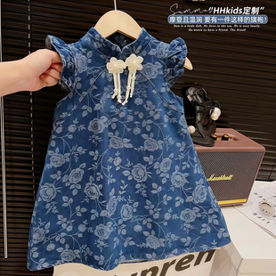 女宝宝洋气复古盘扣旗袍裙小女孩时髦牛仔背心裙子 女童连衣裙夏季