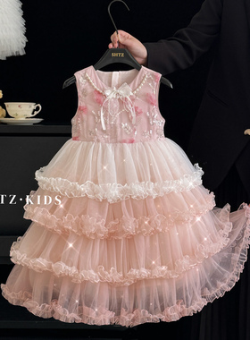 女童公主裙夏季2026新款儿童生日宴高端礼服裙小女孩蓝色蓬蓬纱裙