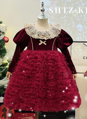 女童红色连衣裙冬装小女孩高级感公主裙洋气宫廷风加绒拜年服裙子