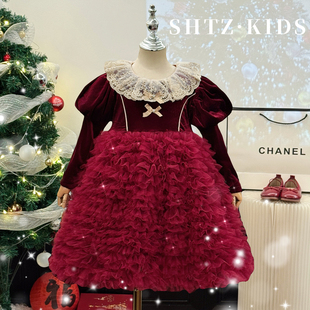 女童红色连衣裙冬装小女孩高级感公主裙洋气宫廷风加绒拜年服裙子