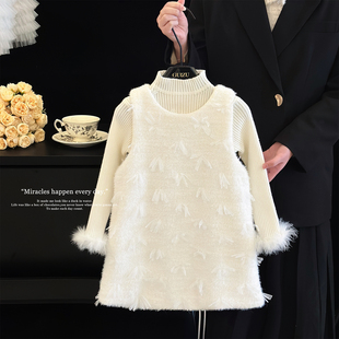 女童加绒连衣裙冬季儿童白色礼服公主裙生日宴轻奢毛衣背心裙套装