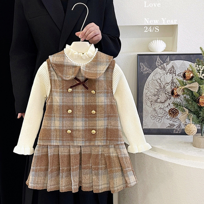 女童秋冬呢子格子韩版背心裙套装