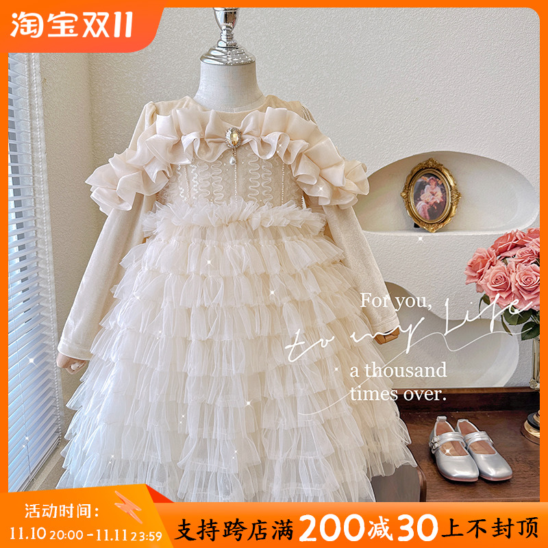 女童公主裙秋装2023新款儿童高端礼服裙蓬蓬蛋糕裙洋气花童连衣裙