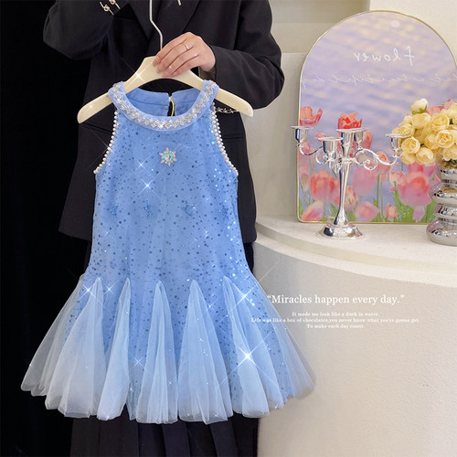 女童夏款蓝色冰雪奇缘爱莎公主裙