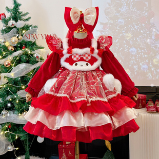 女童洛丽塔连衣裙冬装儿童加绒拜年服红色裙子高级感新年蓬蓬纱裙