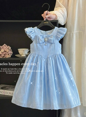 女童公主裙夏装高级感蝴蝶结蓝色爱莎连衣裙儿童生日礼服艾莎裙子