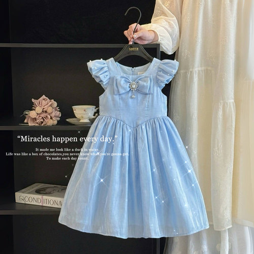 女童公主裙夏装高级感蝴蝶结蓝色爱莎连衣裙儿童生日礼服艾莎裙子