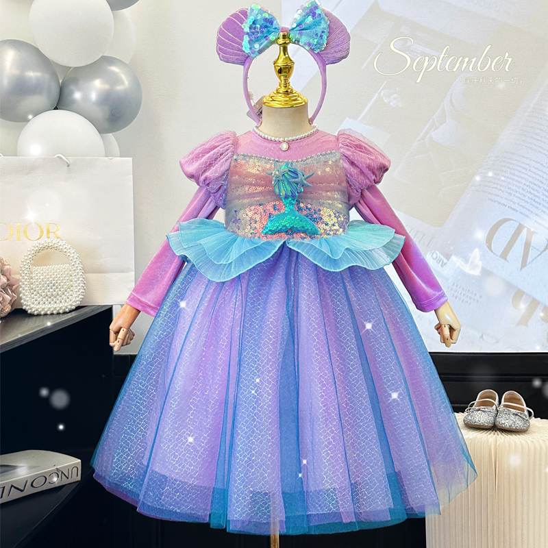 美人鱼公主裙女童连衣裙春秋季儿童超好看蓬蓬裙高端亮片礼服裙子