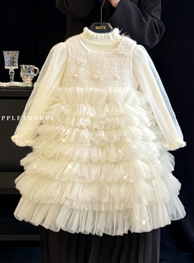 女童连衣裙冬装洋气时髦白色生日公主裙儿童蓬蓬裙礼服蛋糕裙套装