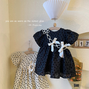 2024新款 韩版 连衣裙夏季 女童法式 儿童黑色礼服小女孩洋气公主裙子