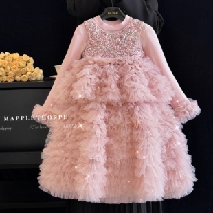 高端女童连衣裙秋冬款儿童高级感公主裙生日宴重工礼服粉色蓬蓬裙