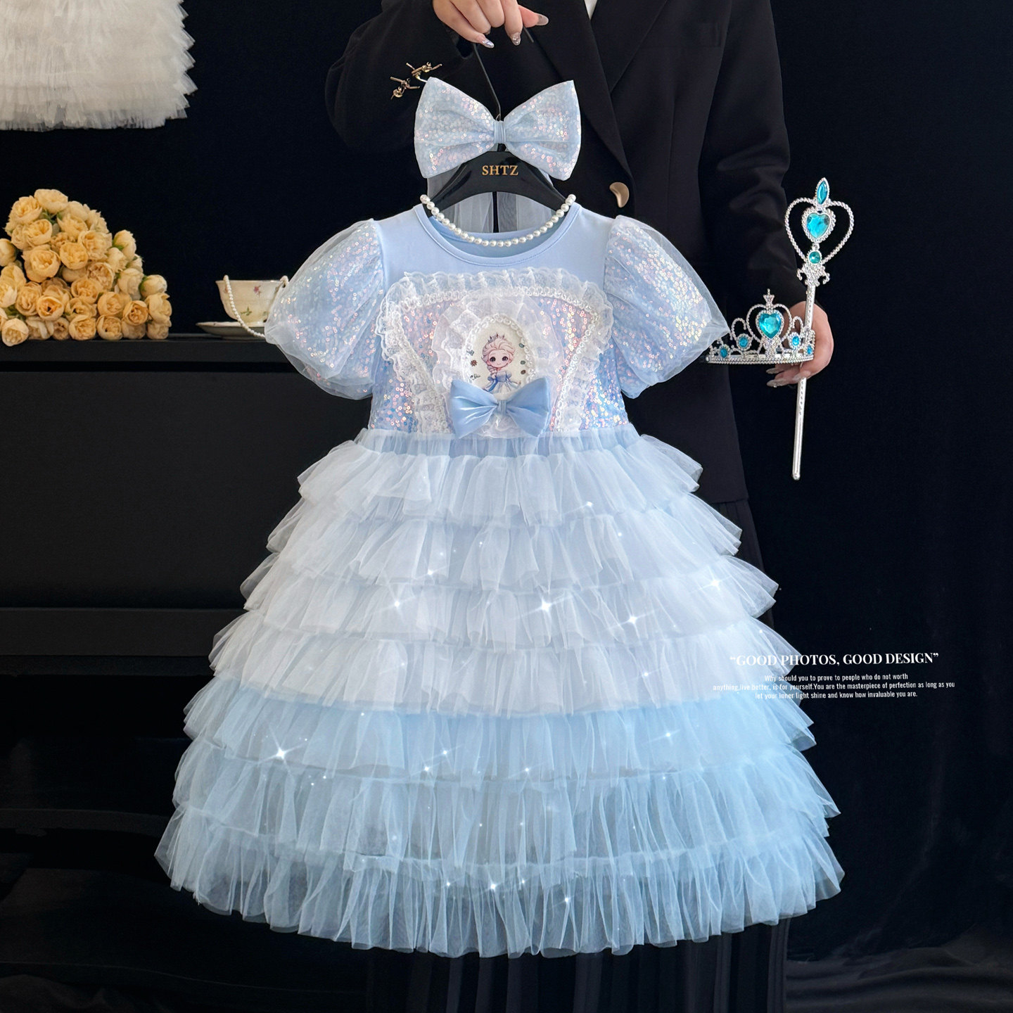 女童爱莎公主裙夏款蓝色艾莎生日连衣裙儿童冰雪奇缘渐变蓬蓬纱裙