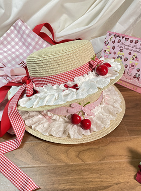 三尾树lolita夏季草帽樱桃格子草帽可爱防晒丝带蝴蝶结
