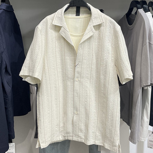 2025夏季男装条纹纹理修身直筒短袖休闲编织衬衫欧美简约4159152