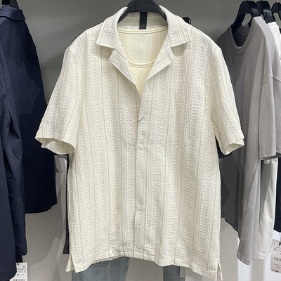 2025夏季男装条纹纹理修身直筒短袖休闲编织衬衫欧美简约4159152