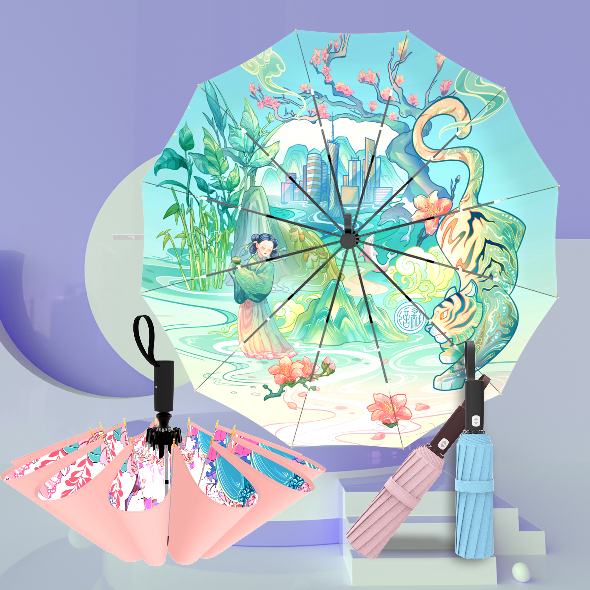 文创作品小清新太阳伞女晴雨两用遮阳防晒防紫外线吉祥欧美三折伞