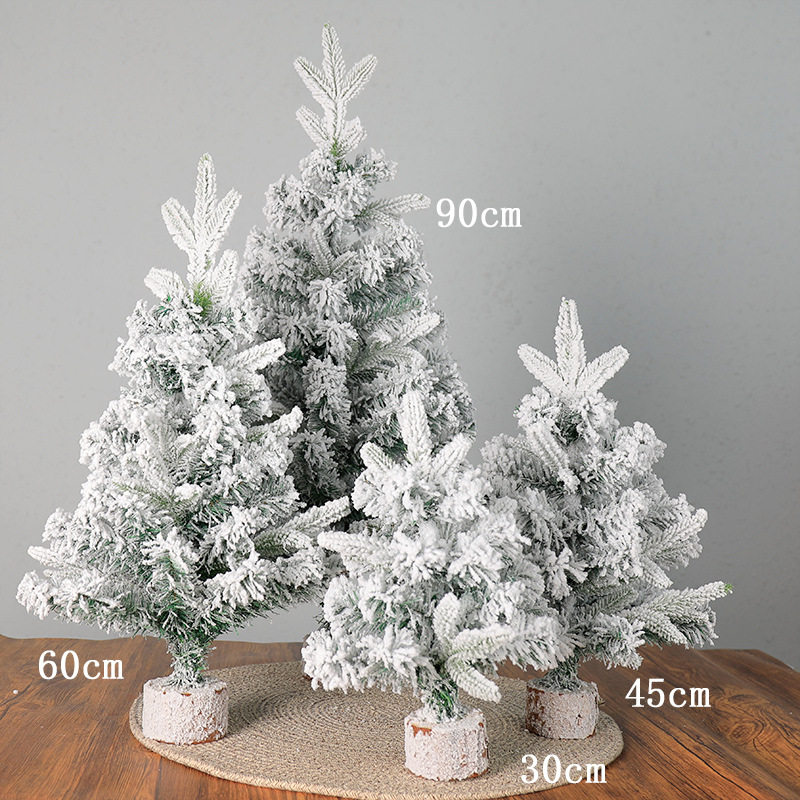 新款植绒小树30/45/60/90CM混合PE落雪圣诞树桌面摆件圣诞装饰品