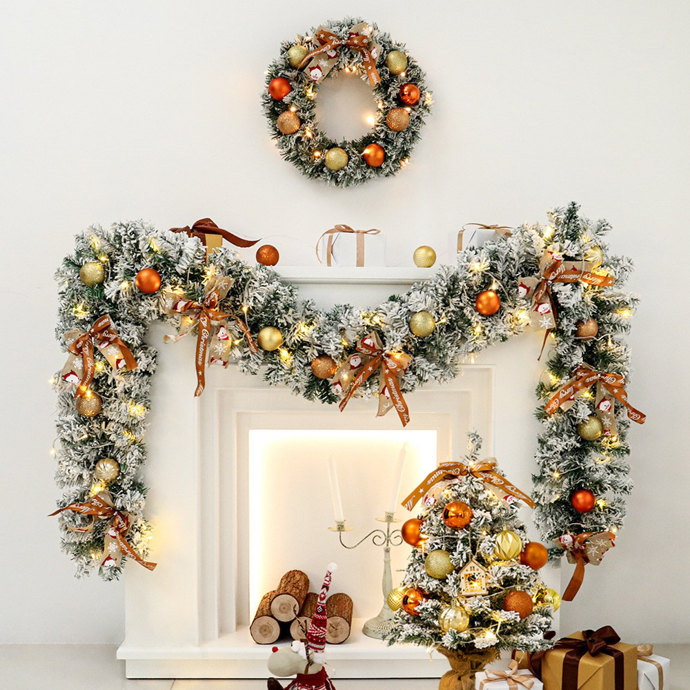 新款植绒落雪藤条2.7米圣诞节花环门挂发光门头扶梯店铺装饰品