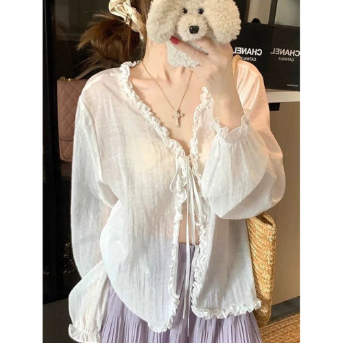 大码胖mm温柔木耳边V领衬衫女春季系带薄款开衫衬衣防晒外套上衣